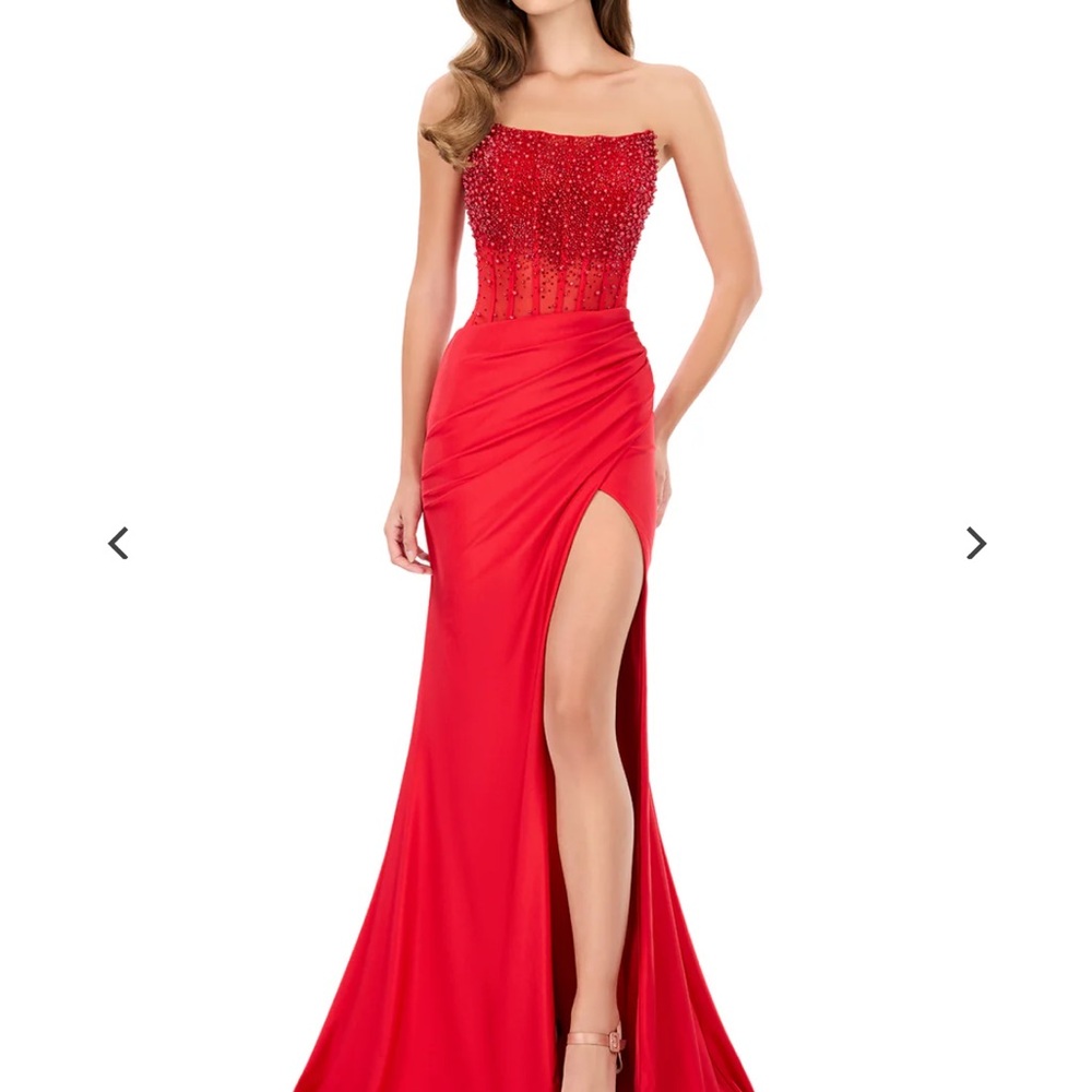 Ashley Lauren Elegant Red Strapless Beaded Evening Gown size 8
